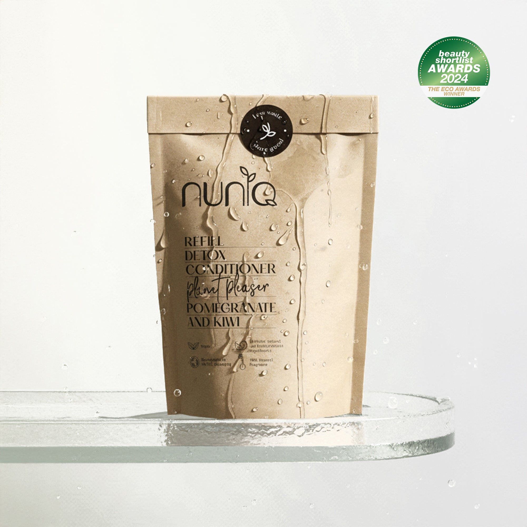 Nuniq refill Detox Conditioner packaging on a white background with an award badge.