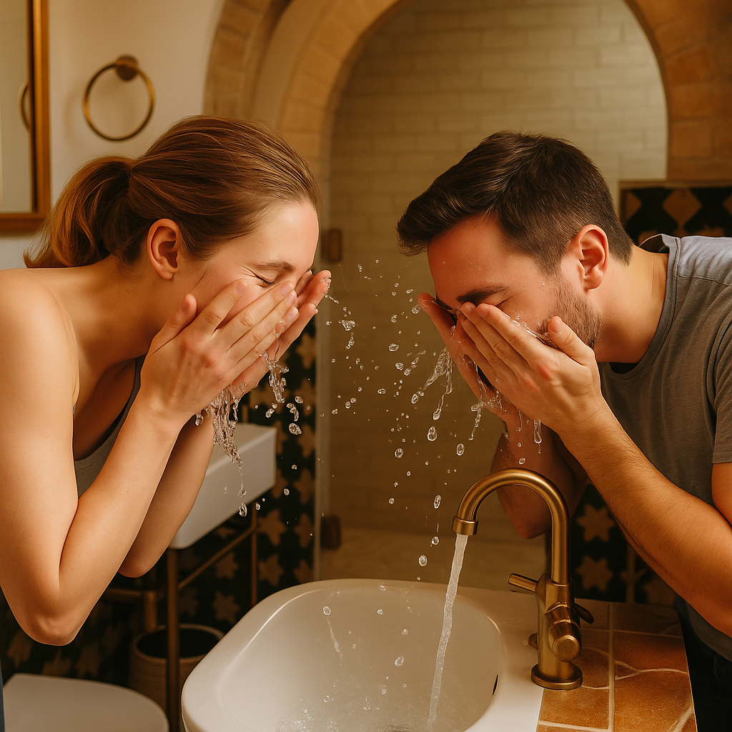 Man and woman washing their faces together in a cozy bathroom with warm lighting, showcasing a gentle daily skincare cleansing routine.