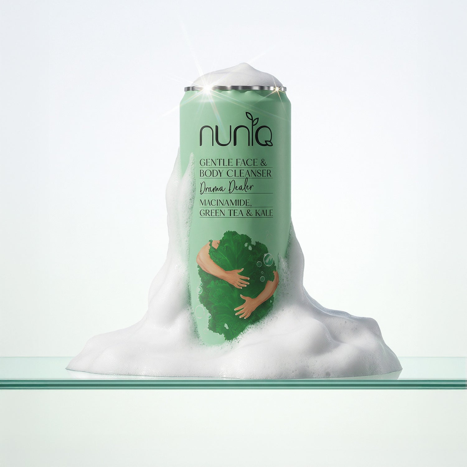 Nuniq Gentle Face &amp; Body Cleanser with green label and broccoli graphic on a white background