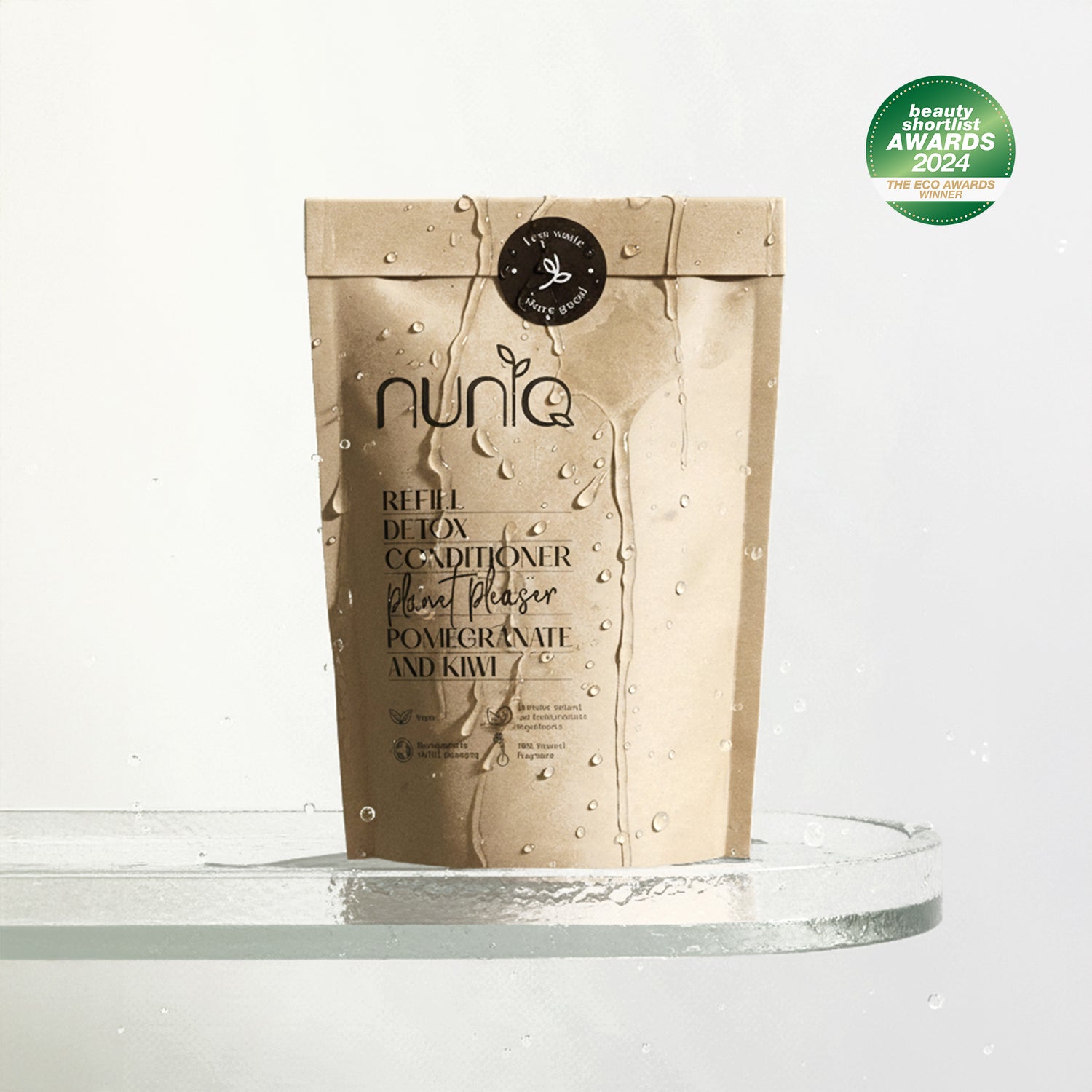 Nuniq refill Detox Conditioner packaging on a white background with an award badge.